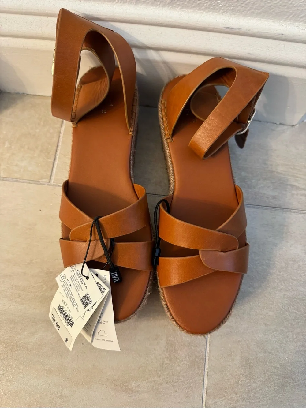 Zara Tan Leather Platform Wedge Sandals